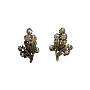 Coro AB Rhinestone Leaf Design Clip On Earrings Silver Tone Vintage